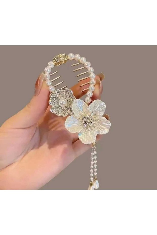 Women's Spring Hair Bun Buckle with Floral Pearl Detail