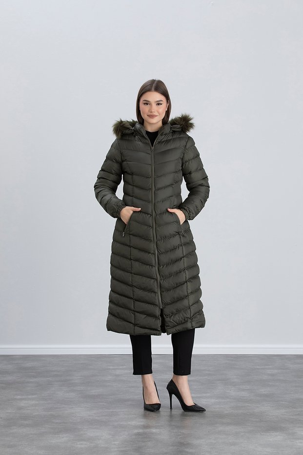 Women's Khaki Green Long Inflatable Coat with Hooded Fur