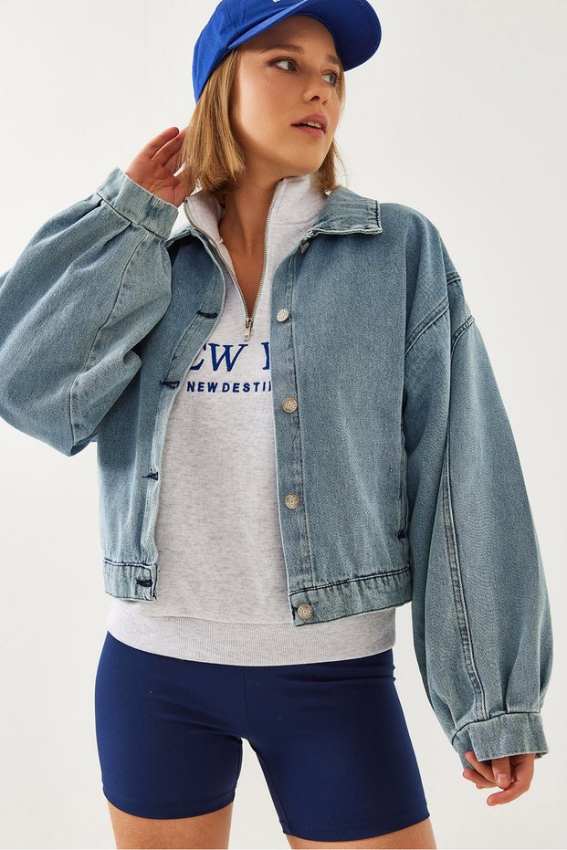 Women's Blue Sleeve Pleated Detail Denim Jacket 2437 60351172