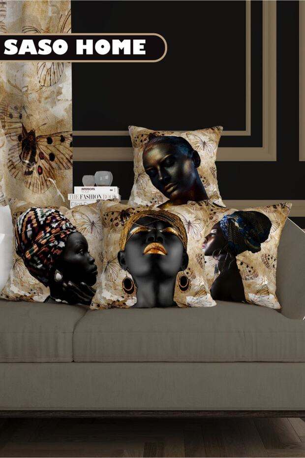 Decorative Throw Pillow Cover with African Woman Model and Butterflies Pattern (Ultra Quality Velvet Fabric)