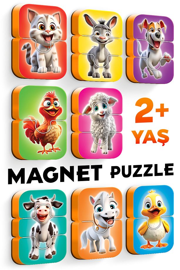 Çiftlik Hayvanları Mıknatıslı Yapboz 8 Adet 2-3 Parçalı Magnet Puzzle 2 Yaş - 8
