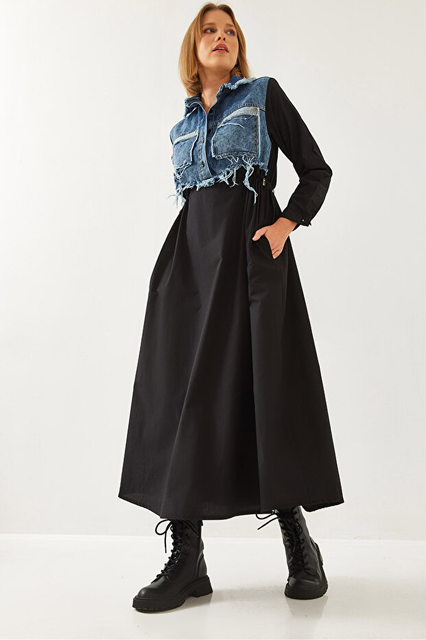 Women's Black Denim Embellished Long Flared Dress 60351248