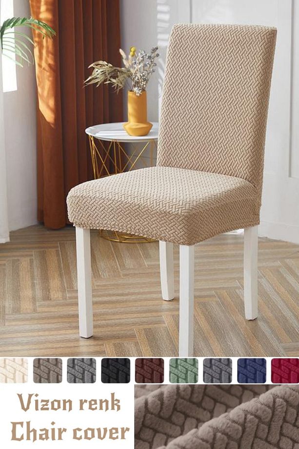 Tuğla Desen Kaliteli Sandalye Kılıfı, Sandalye Örtüsü, Lastikli, Likralı 1 Adet Vizon Renk - 1