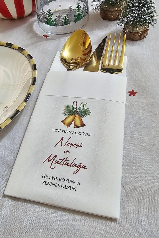 Kumaş Dokulu Yılbaşı Çanları ve Yılbaşı Dilekleri Baskılı Yılbaşı Peçetesi - Cepli Beyaz Peçete 6lı - 3