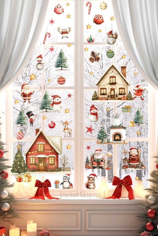 Santa Claus and Friends New Year Christmas Ornament Glass Door Wall Sticker Set