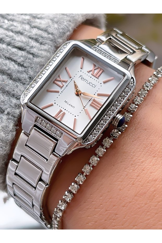Steel Cord Mi̇lano with Stone Motif 3 Atm Waterproof Women's Wristwatch + Bracelet with Gift