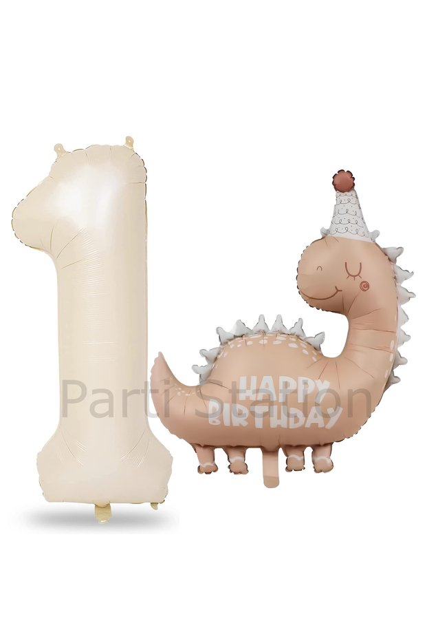 Retro Dinosaur 1 Year Old Cream Color Number Balloon Set Cute Pink Dinosaur Concept Birthday Balloon Set