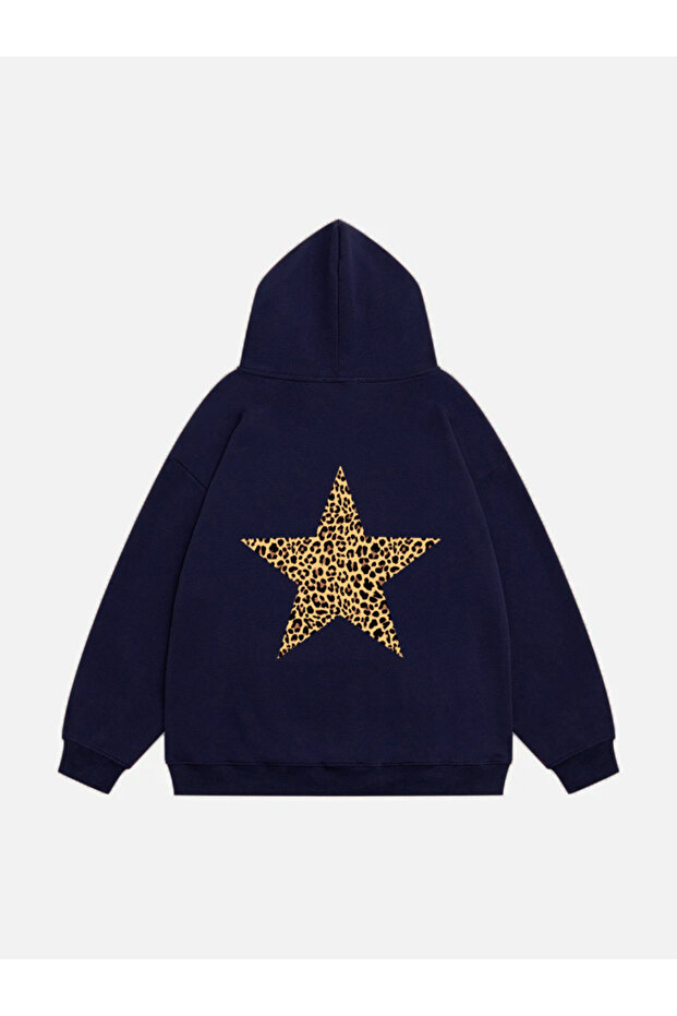 Women's Star Leopard Printed Hooded Fleece Oversize Sweatshirt