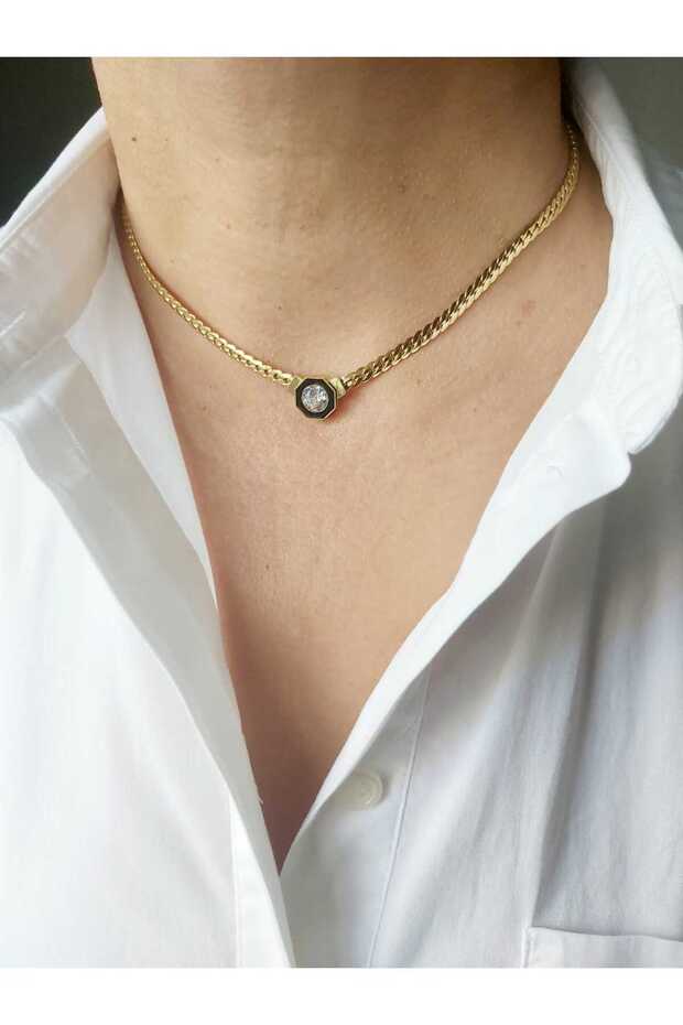 Steel Mesh Chain Black Enameled Leyla Necklace