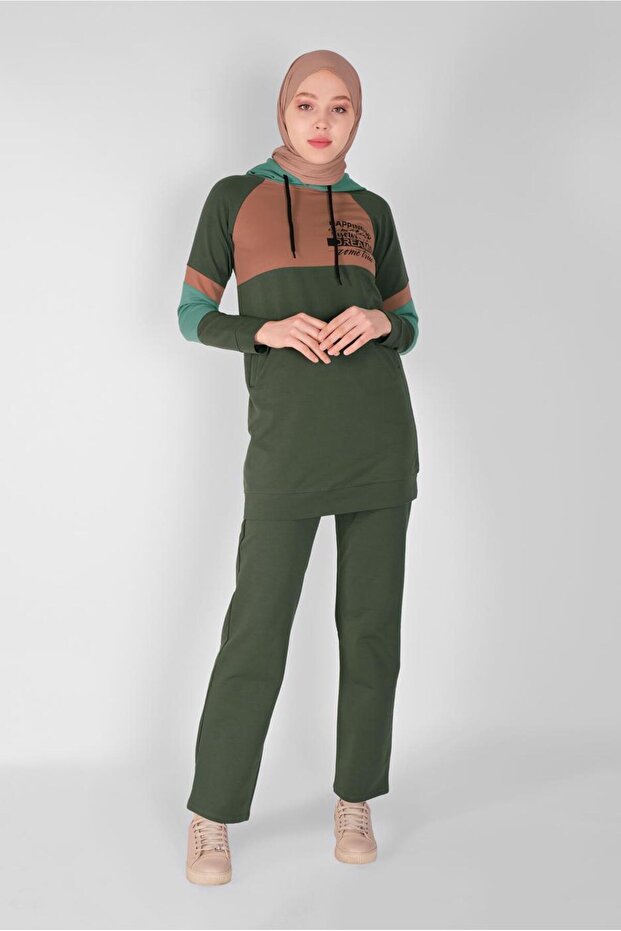 Women's Khaki Printed K Hooded Tracksuit Set 3508