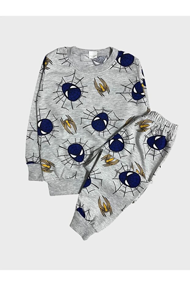 Boy's Cotton Gray Blue Spiderman Patterned Long Sleeve Seasonal Pajamas Set