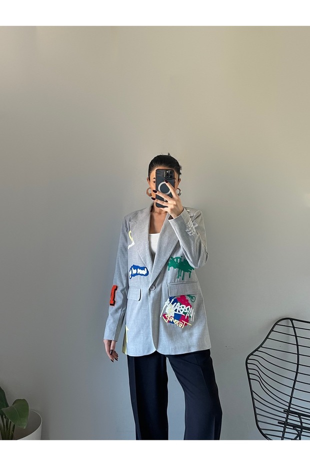Basic Emojili Blazer Ceket - 4