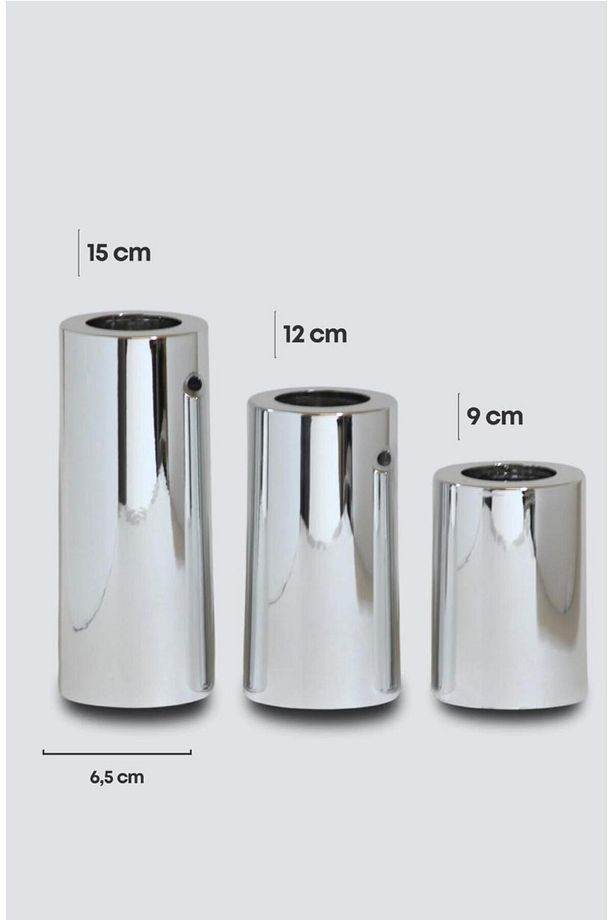 Krom Kaplama 3 Lü  Krom DÜZ Yüzey Mumluk Dekoratif Tealight Set Mum hediyeli - 3