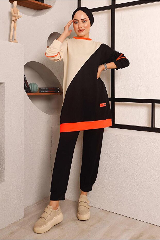 Women's Black Elastic Waist Double Pants Set T 4072