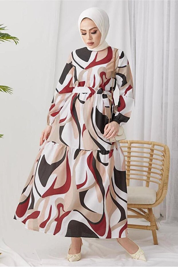 WOMEN'S BORDO PATTERNED CUFFS RUBBER DRESS T 024