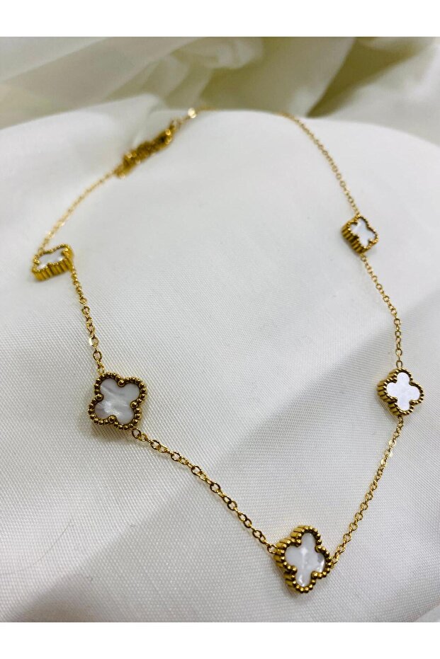 çelik kolye  sedefli yonca temalı - 3