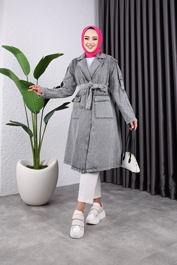Women's Pocket Buttoned Jeans Trench Coat