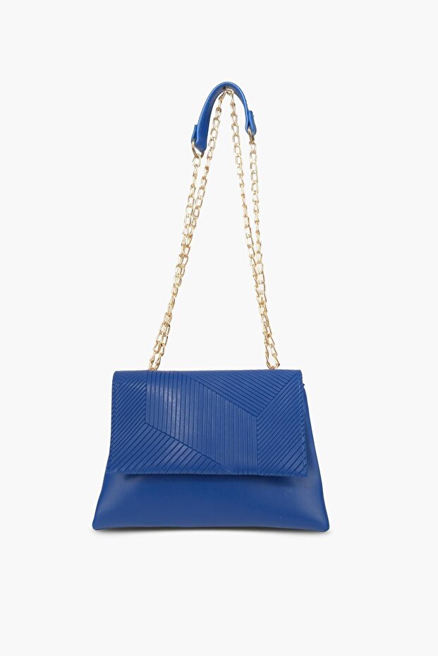 Cobalt Blue Asymmetrical Patterned Gold Strap Crossbody and Shoulder Bag Silvia