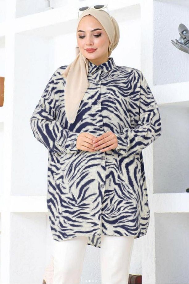 KADIN LACİVERT ZEBRA DESENLİ PAMUKLU TUNİK T 5210 - 1