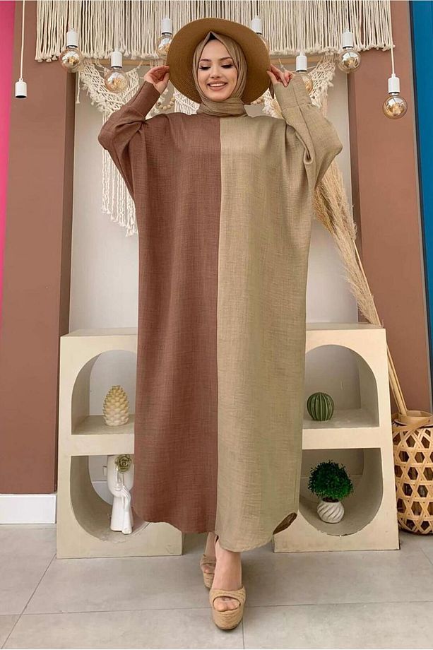 KADIN KAHVE İKİ RENKLİ SALAŞ ELBİSE T 8083 - 1