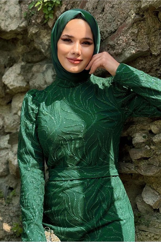 KADIN YEŞİL (ZÜMRÜT) SİMLİ ABİYE ELBİSE T 0411 - 3