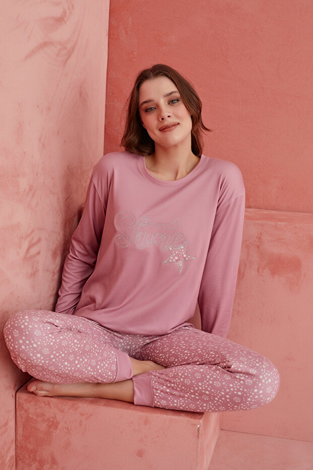 Pembe Shine Yıldız Desenli Luxury Termal Kadın Pijama Takım - 1