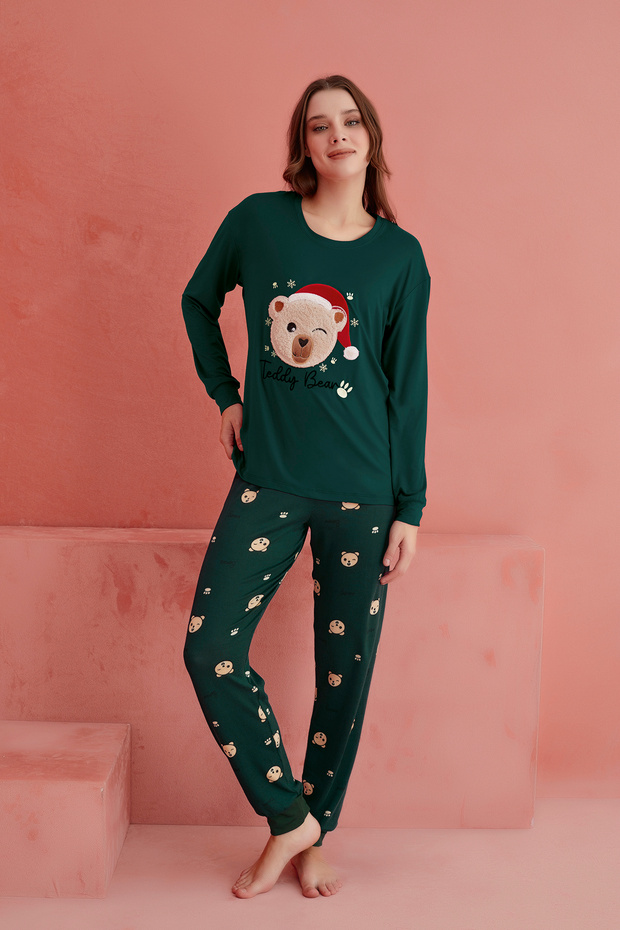 Yeşil Teddy Bear Desenli Luxury Termal Kadın Pijama Takım - 2