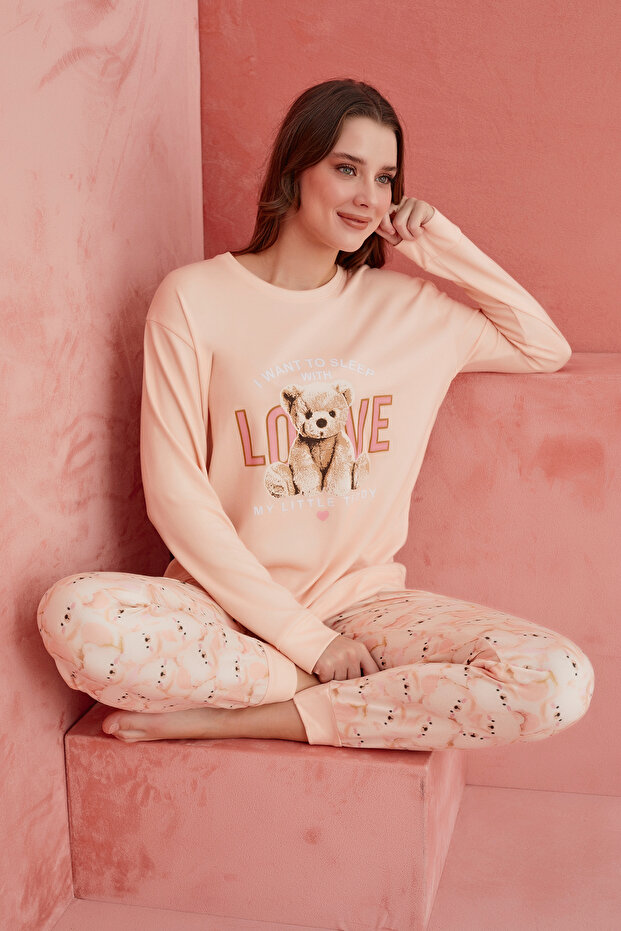 Somon Love Ayı Desenli Luxury Termal Kadın Pijama Takım - 1