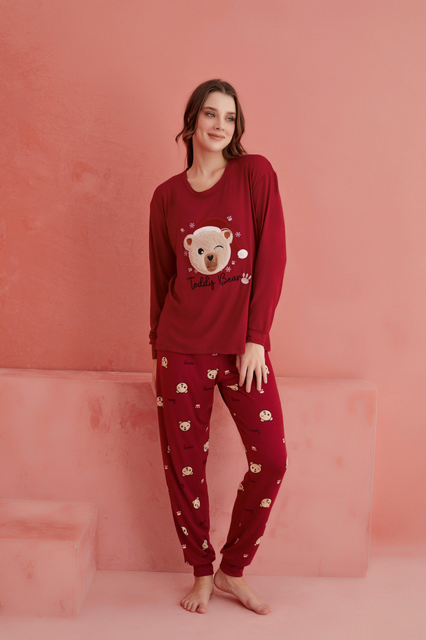 Bordo Teddy Bear Desenli Luxury Termal Kadın Pijama Takım - 2