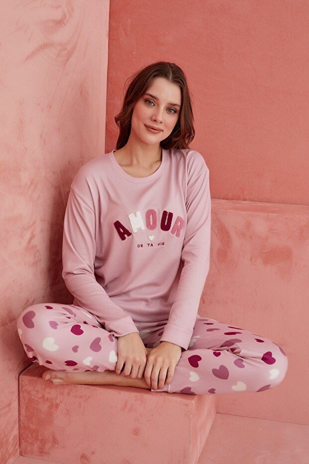 Pudra Amour Desenli Luxury Termal Kadın Pijama Takım - 1
