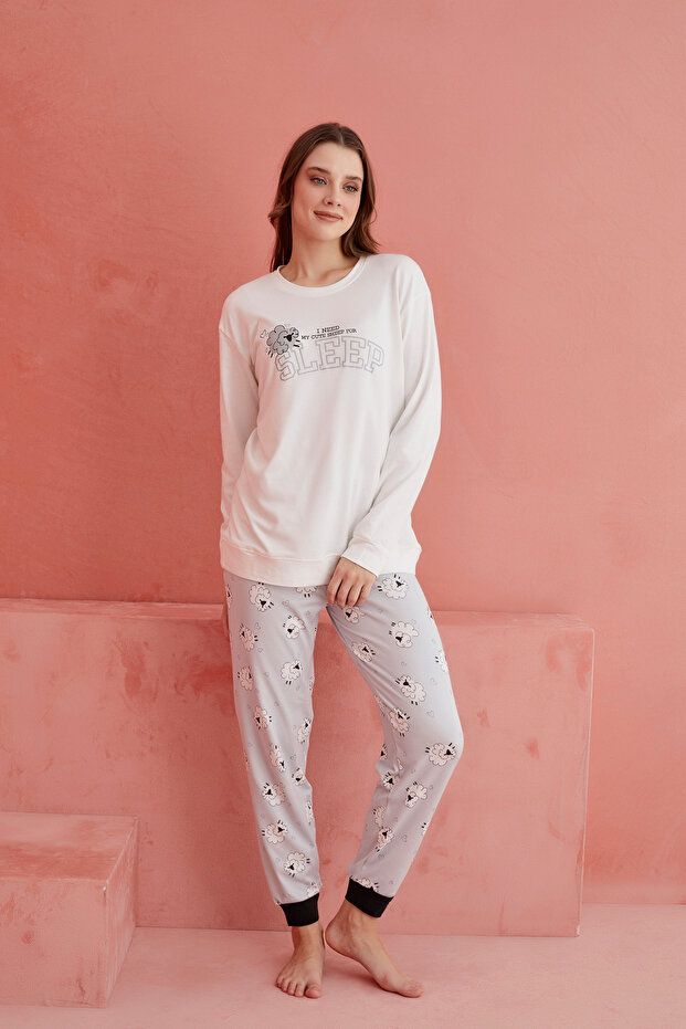 Beyaz Sleep Koyun Desenli Luxury Termal Kadın Pijama Takım - 2