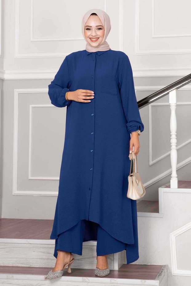 Buttoned Aerobin Hijab Double Set Indigo