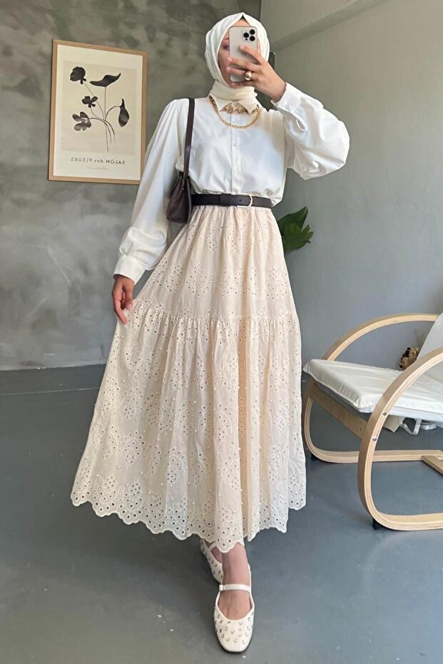 Laced Beige Hijab Skirt 13951Bej