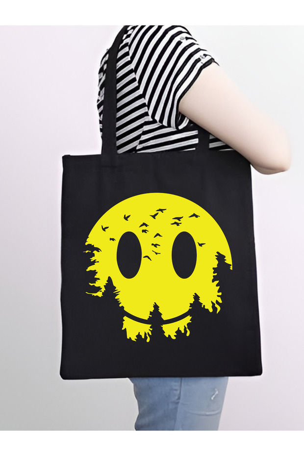 Yellow Smile Design Y2K Tote Bag, Black Thick Canvas Y2K Tote Bag, Shoulder Bag, Tote Bag