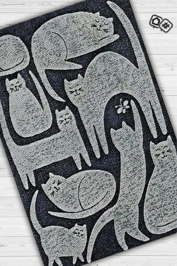 Mutlu Kediler Gri Renkli Kedi Sever Halısı Minimal Tarzlı Genç Odası Halısımodern Halı - 3