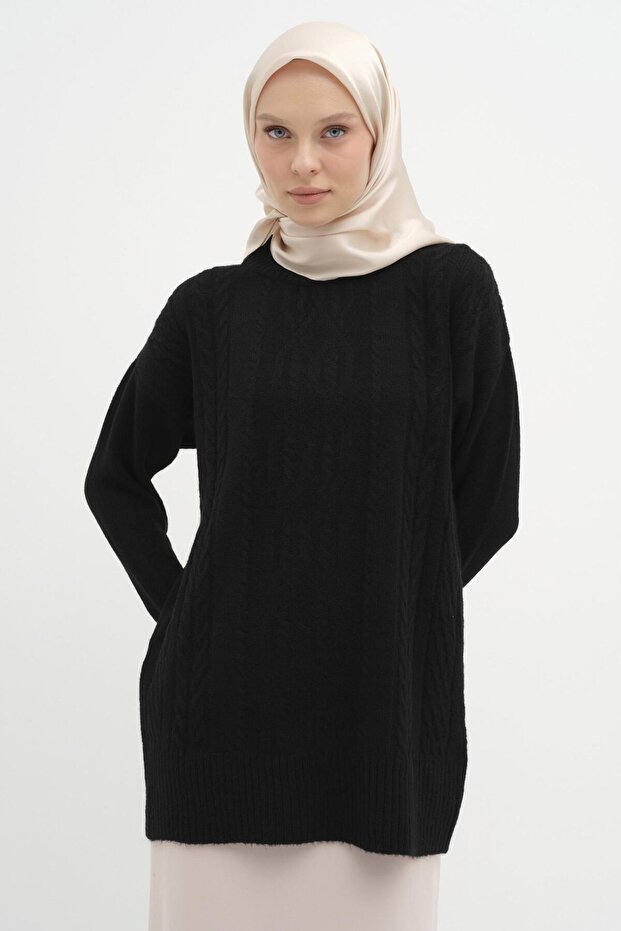 Örgü Desen Triko Tunik - Siyah - 1