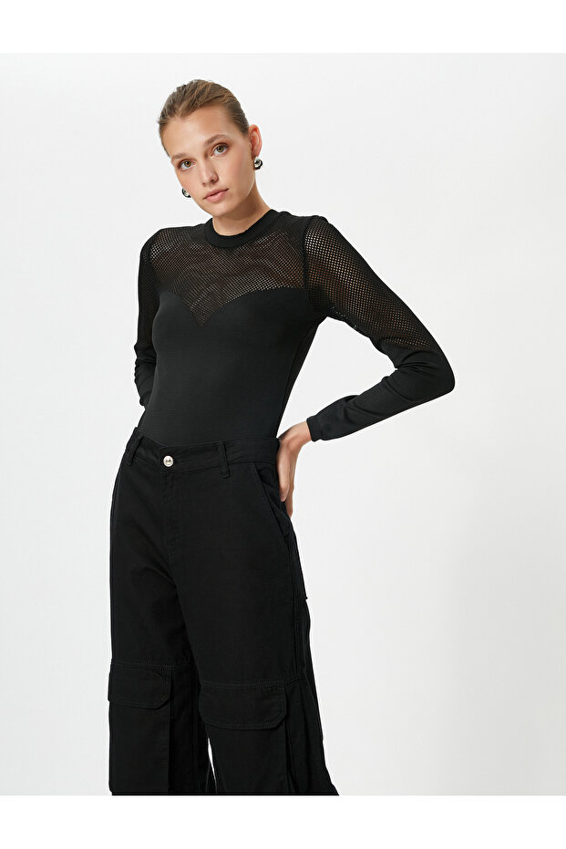 Knitwear Sweater Crew Neck Mesh Detailed Long Sleeve