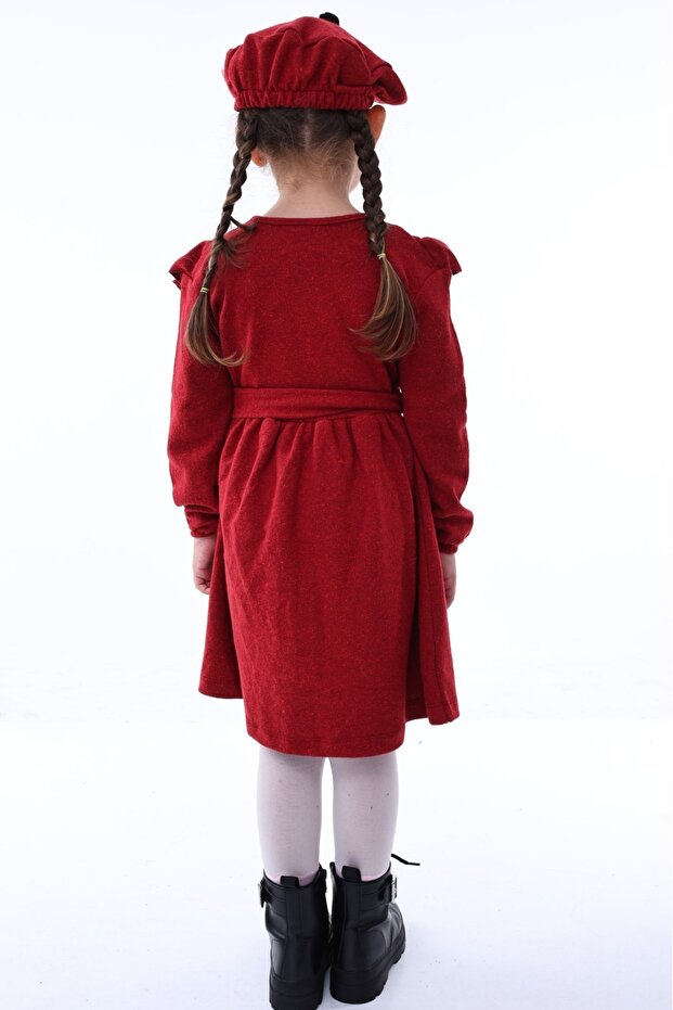 Kırçıllı Kırmızı Kız Çocuk Elbisesi (3-8 YAŞ) -şapkalı, Kemerli, Bahar Ve Bayramlık Özel Tasarım - 3