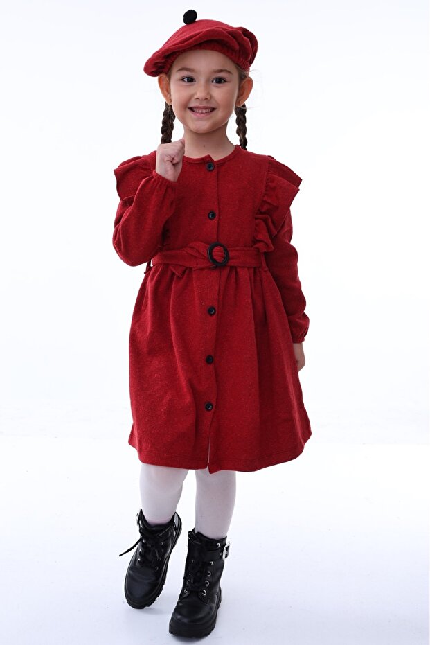 Kırçıllı Kırmızı Kız Çocuk Elbisesi (3-8 YAŞ) -şapkalı, Kemerli, Bahar Ve Bayramlık Özel Tasarım - 6