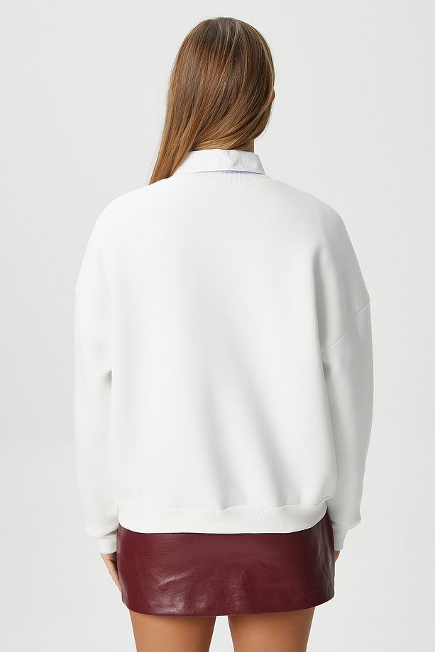 Kadın Ciao Nakışlı İçi Polarlı Leopar Ekru Oversize Seeatshirt - 7