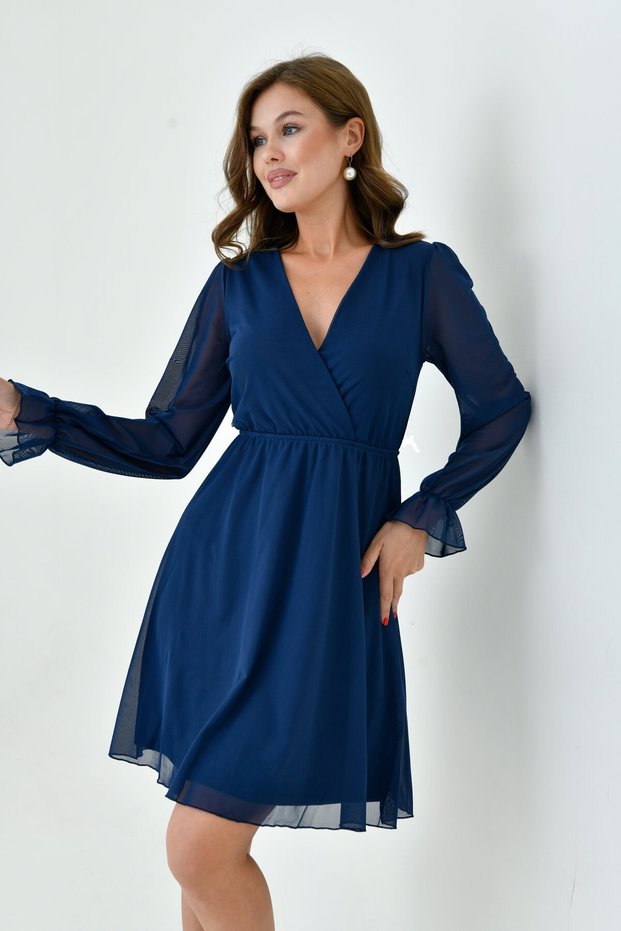 Women's Chiffon Double Breasted Curve Flounces Stretchy Tulle Long Sleeve Stylish Plus Size Dress
