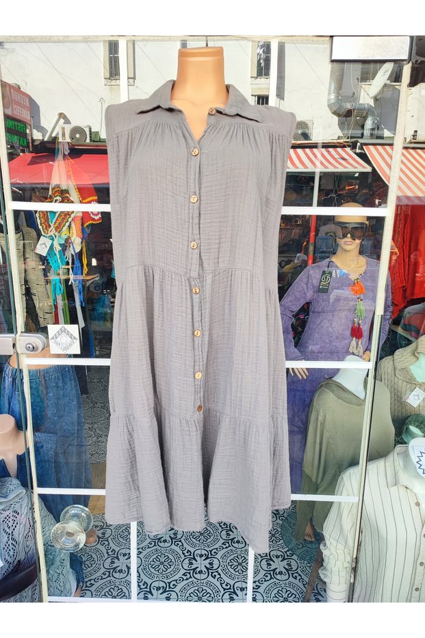Muslin Cotton-Length Midi Dress with Buttons, Layered Shabby Cut, Neckline