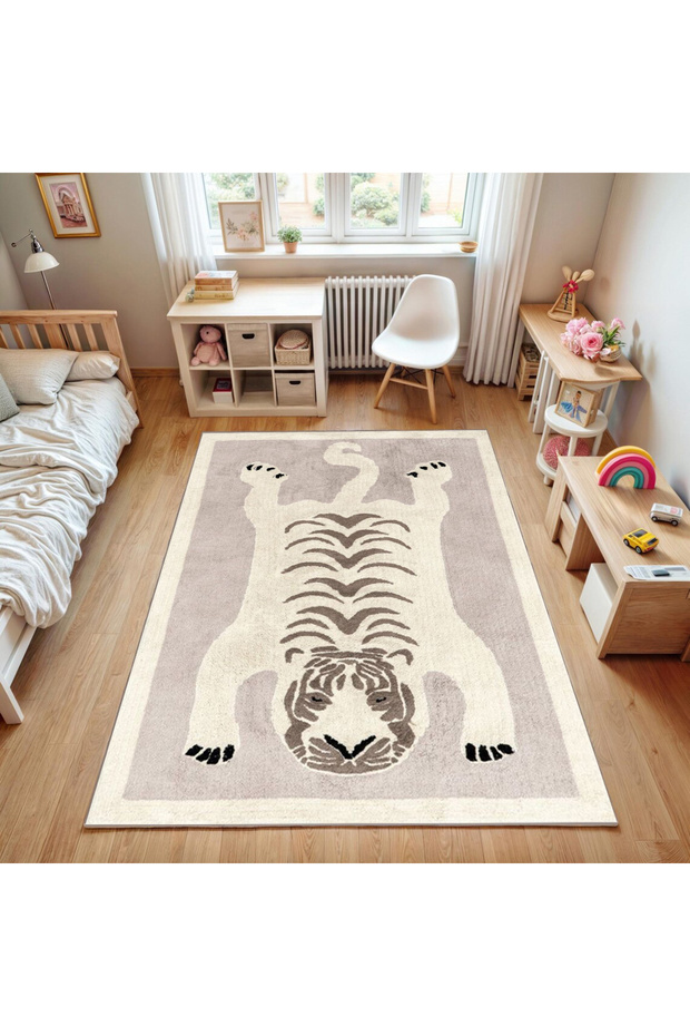 Asian Collection Beige Tones Tiger Patterned Woven Base Modern Decorative Carpet Asian22