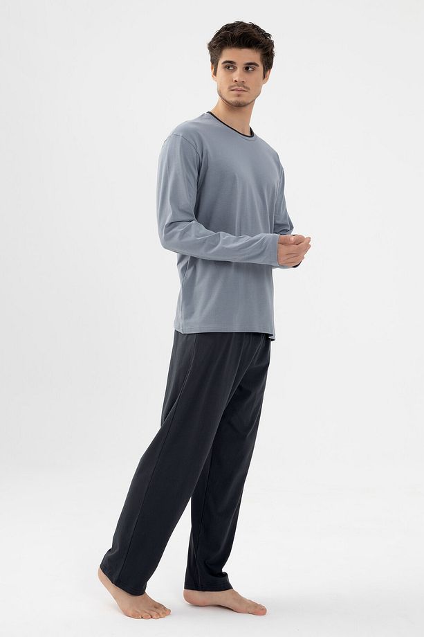 Erkek Pamuklu Double Yaka Uzun Kollu Cep Detaylı Pijama Takımı - 3