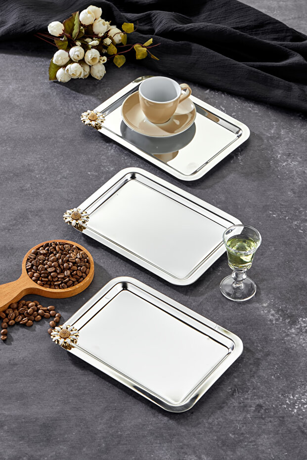Elegante Noir Series, Bella Flora Handle Patterned Chrome Presentation Promise Engagement Tray, 22X16Cm, 3 Pieces