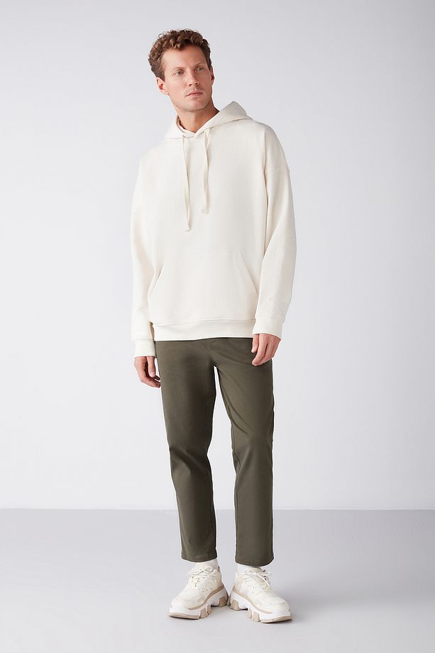 Steve Erkek Yumusaçık Kumaşlı Kordonlu Oversize Kapüşonlu Kanguru Cepli Ekru Sweatshirt - 3