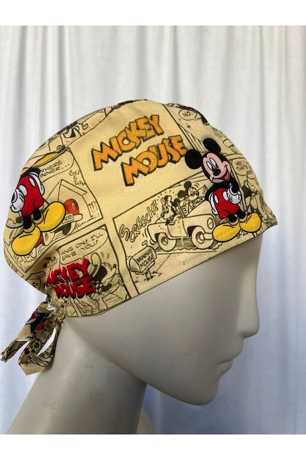 Doktor Hemşire Bonesi,Ameliyathane bonesi,bandana,unısex,Mıckey Mouse Desenli,Sarı - 2