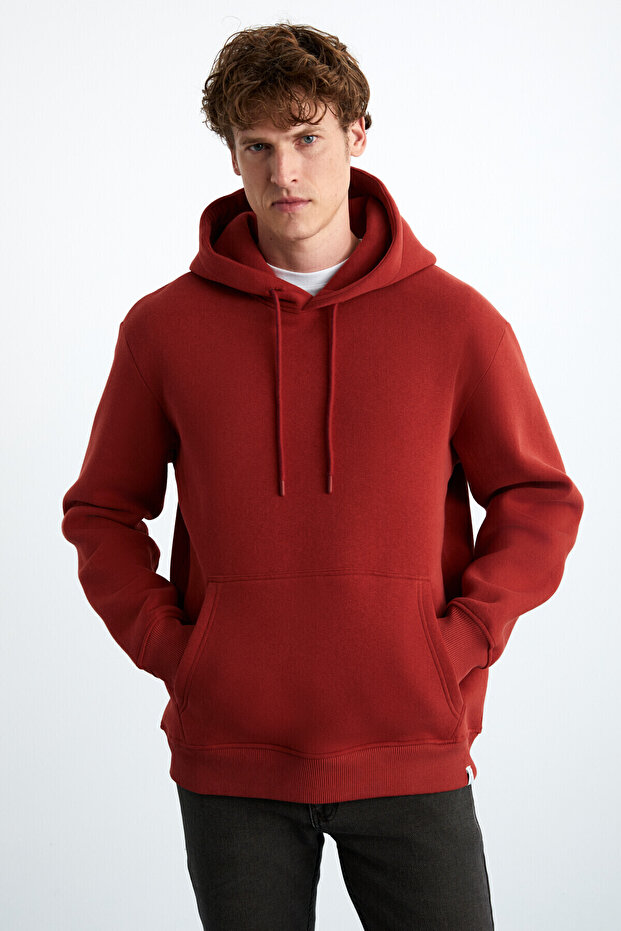 Yokohama Men's Soft Fleece Regular Kangaroo Pocket Hooded Brick Red Sweatshirt