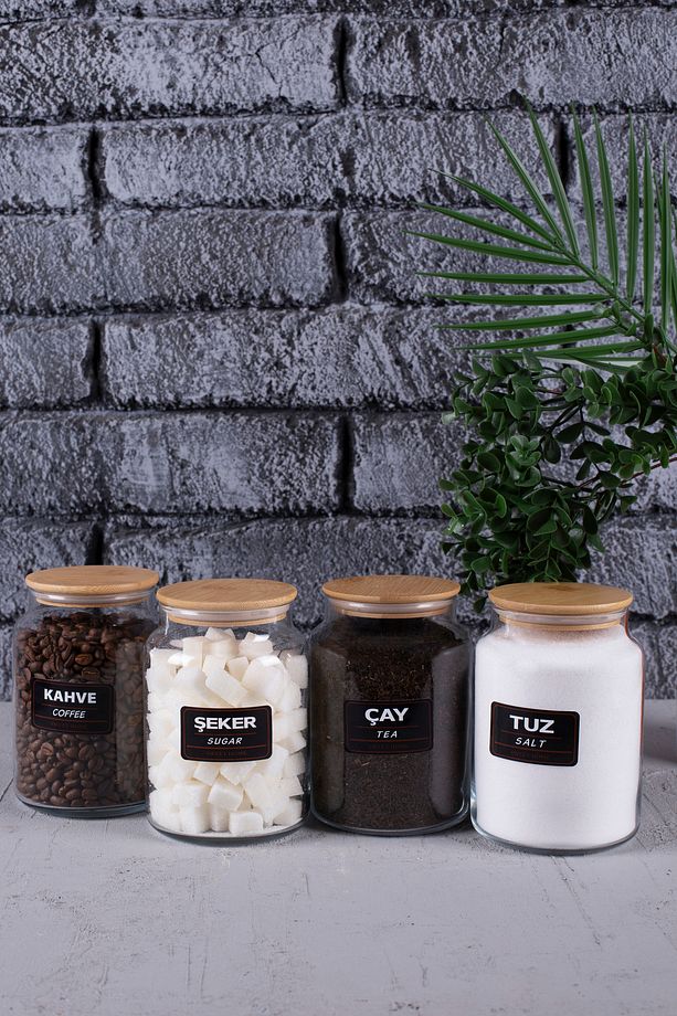 4'Lü 1000 ml Çay Şeker Kahve Tuz Kavanozu Tezgah Üstü Erzak Saklama Kabı - 1