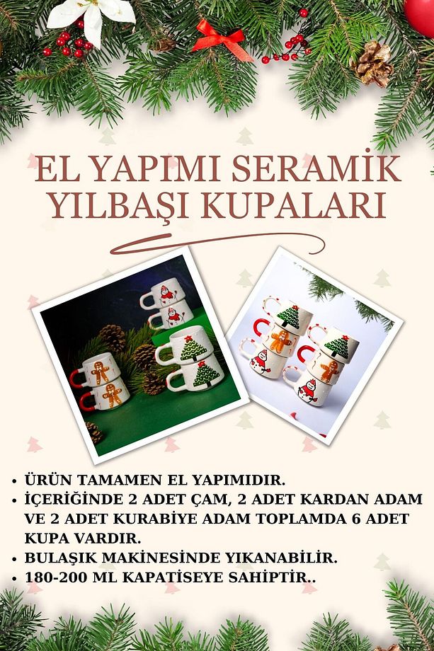 Yılbaşı Seti El Yapımı Seramik Kupalar, 6'Lı Yılbaşı Seti, Çam Ağacı, Kurabiye ve Kardan Adam - 7